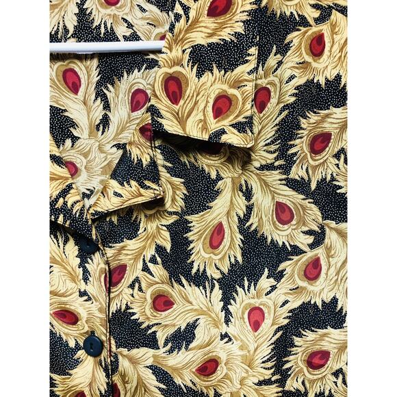 SHIP'N SHORE Woman Shirt Peacock Feather Print Gold Red Black Patterned - Picture 10 of 12